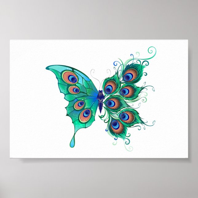 Butterfly med Grönt Peacock Feathers Poster (Framsidan)