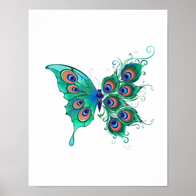 Butterfly med Grönt Peacock Feathers Poster (Framsidan)