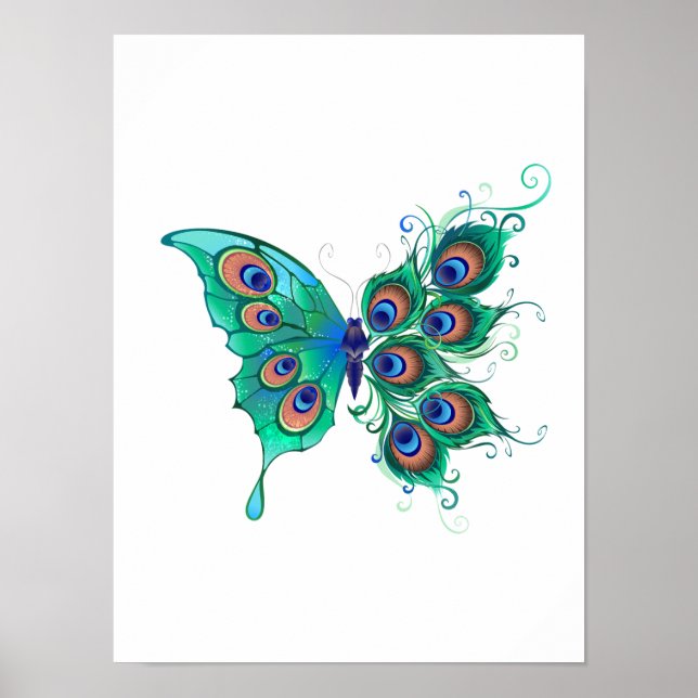 Butterfly med Grönt Peacock Feathers Poster (Framsidan)
