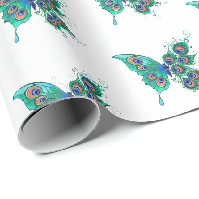 Butterfly med Grönt Peacock Feathers Presentpapper (Rullad Hörn)