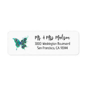 Butterfly med Grönt Peacock Feathers Returadress Etikett