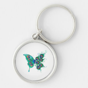 Butterfly med Grönt Peacock Feathers Rund Silverfärgad Nyckelring