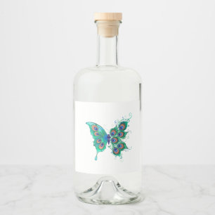 Butterfly med Grönt Peacock Feathers Spritflaskor Etikett