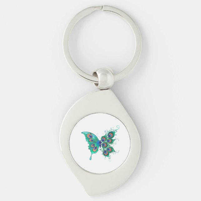 Butterfly med Grönt Peacock Feathers Swirl Silverfärgad Nyckelring (Framsidan)