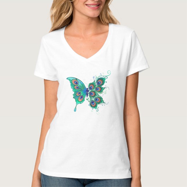 Butterfly med Grönt Peacock Feathers T Shirt (Framsida)