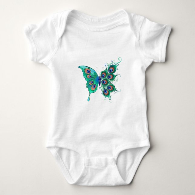 Butterfly med Grönt Peacock Feathers T Shirt (Framsida)