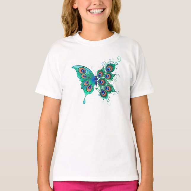 Butterfly med Grönt Peacock Feathers T Shirt (Framsida)