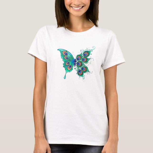 Butterfly med Grönt Peacock Feathers T Shirt (Framsida)
