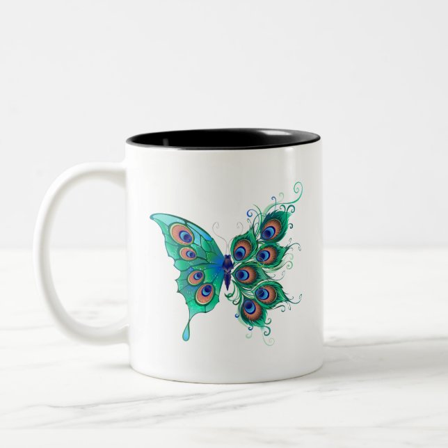 Butterfly med Grönt Peacock Feathers Två-Tonad Mugg (Vänster)