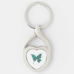 Butterfly med Grönt Peacock Feathers Twisted Heart Silverfärgad Nyckelring