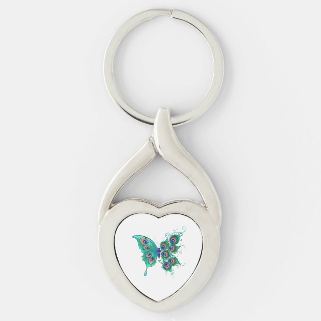Butterfly med Grönt Peacock Feathers Twisted Heart Silverfärgad Nyckelring (Framsidan)