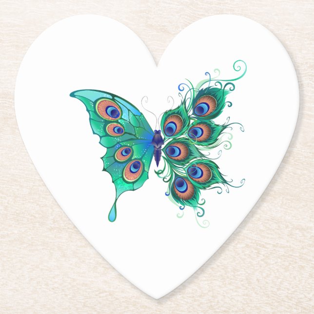 Butterfly med Grönt Peacock Feathers Underlägg Papper (Framsida)