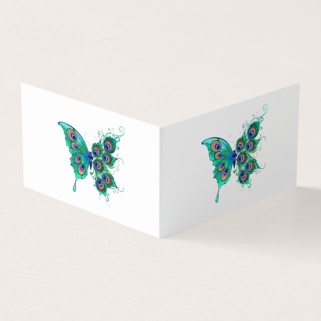 Butterfly med Grönt Peacock Feathers Visitkort (Utsida)