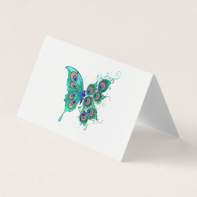 Butterfly med Grönt Peacock Feathers Visitkort (Framsida)