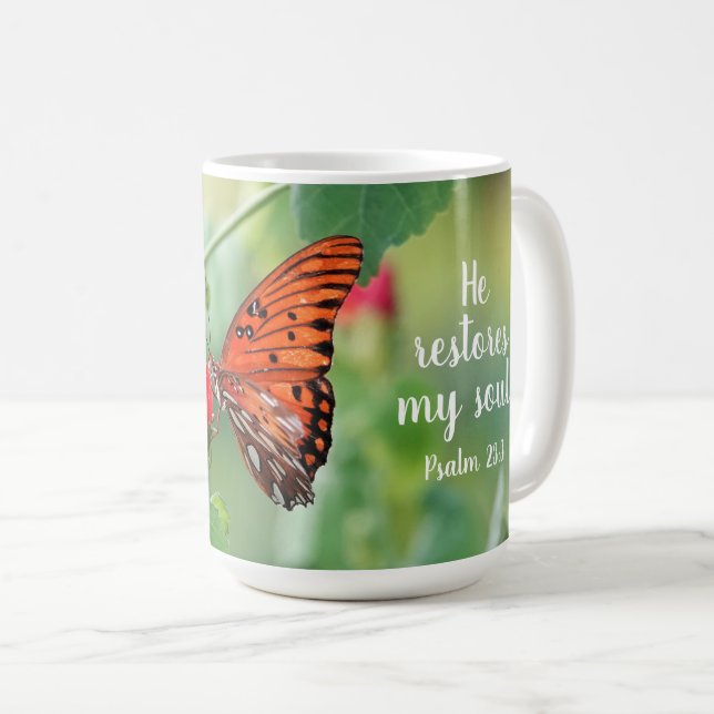 Butterfly med Psalm verse 23:3 Kaffemugg (Framsida höger)