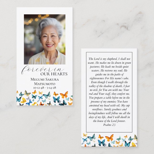 Butterfly Memorial Prayer Card - Elegant Black Visitkort (Fram/baksida)