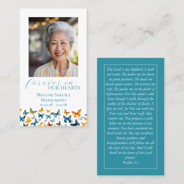 Butterfly Memorial Prayer Card - Teal Back Visitkort (Fram/baksida)