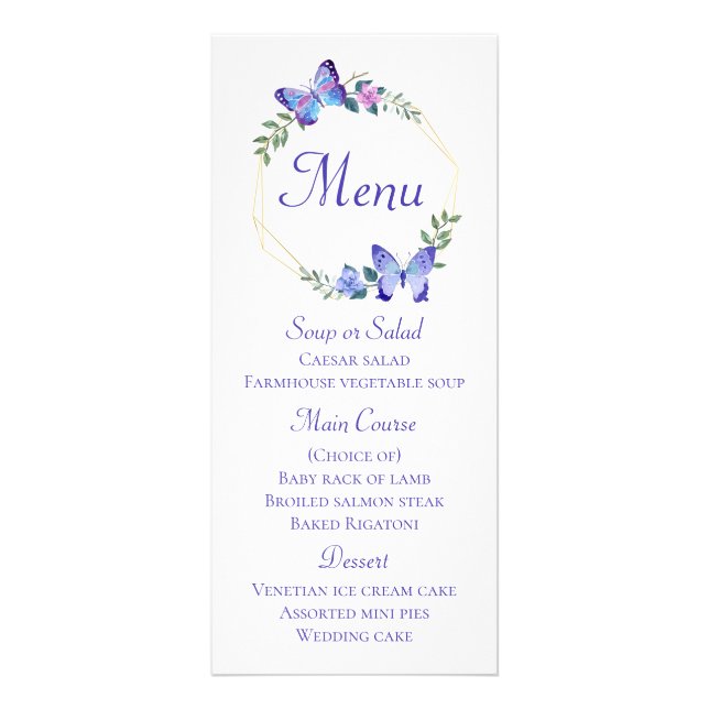 Butterfly Menu Navy Blue Blommigt Wand Bröllop Reklamkort (Framsidan)