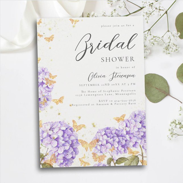 Butterfly Möhippa Guld Lila Hydrangea Inbjudningar (hydrangea bridal shower invitation floral flowers garden rustic butterflies purple gold romantic )