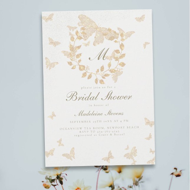 Butterfly Möhippa Guld Monogram Greenery Inbjudningar (gold butterflies bridal shower invitation elegant botanical wreath greenery eucalyptus romantic boho)