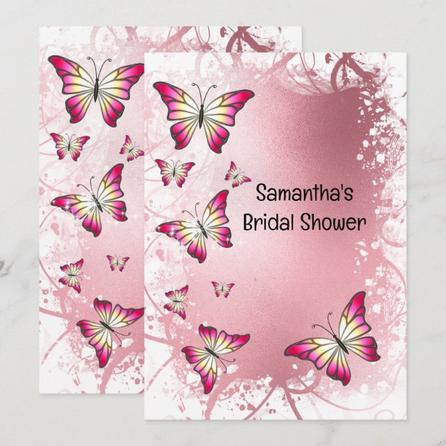 Butterfly möhippa vattencolor ro rosa guld inbjudningar (Fram/baksida)