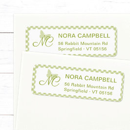 Butterfly Monogram Grönt Gingham Returadress Etikett