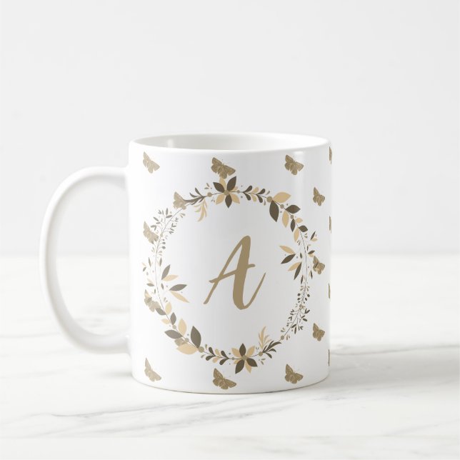 Butterfly Mönster Girly Cute Modern Monogram Kaffemugg (Vänster)