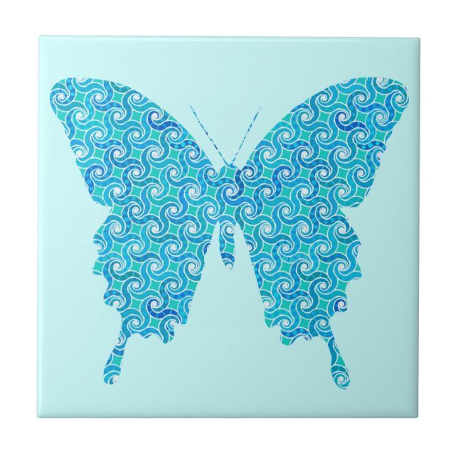 Butterfly, mönster i blått, turkos, vitt kakelplatta (Framsidan)