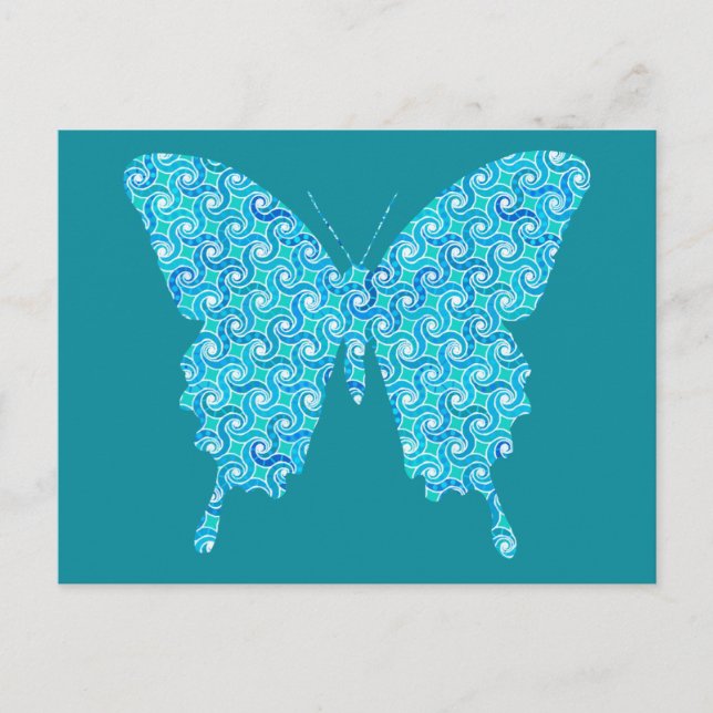 Butterfly, mönster i blått, turkos, vitt vykort (Framsida)