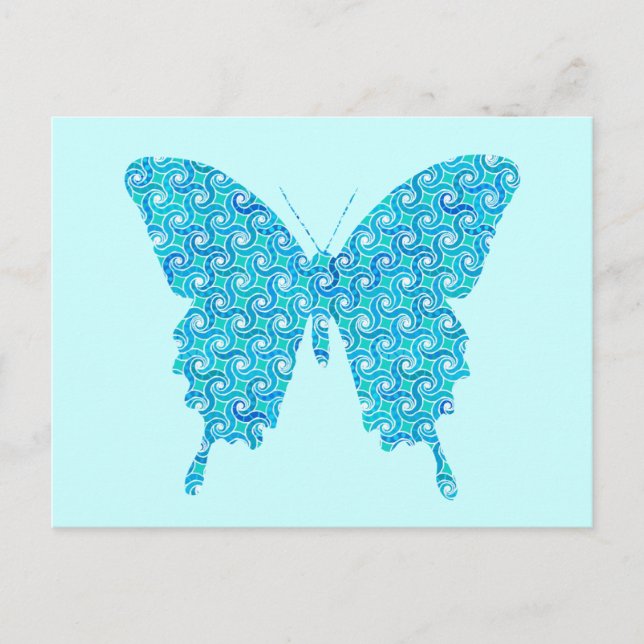 Butterfly, mönster i blått, turkos, vitt vykort (Framsida)