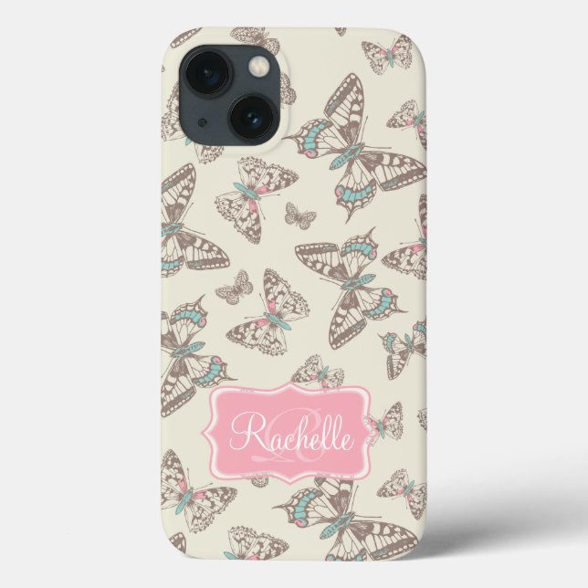 Butterfly mönster kräm (brunt rosa namn ipad case) (Baksida)