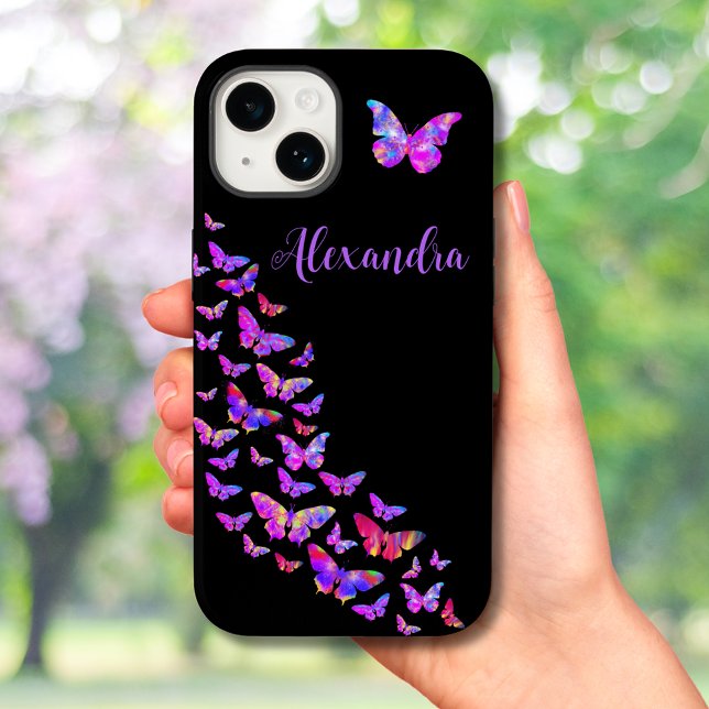 Butterfly Mönster Rosa och svart add Namn (Butterfly pattern pink and black pretty typography script addd name custom iPhone case)