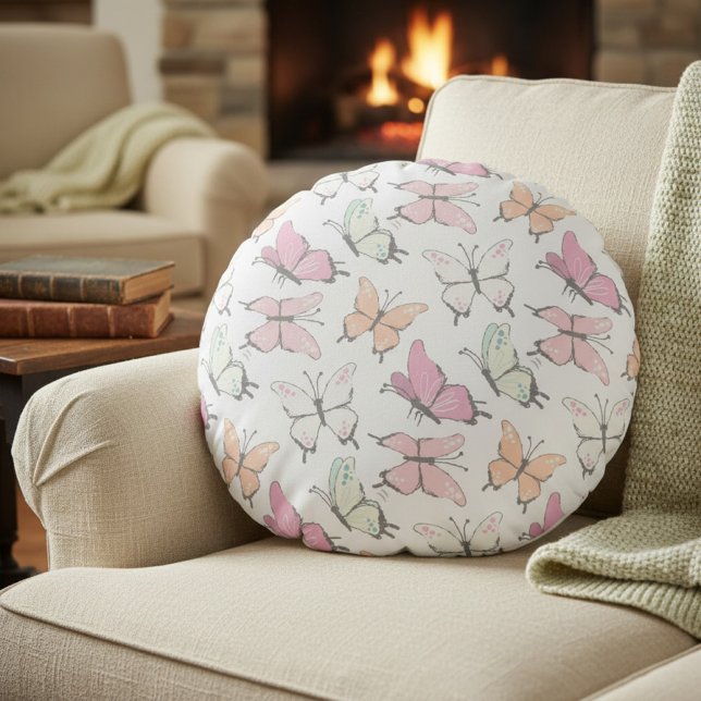 Butterfly Mönster Rund Kudde (round pillow with butterfly pattern)