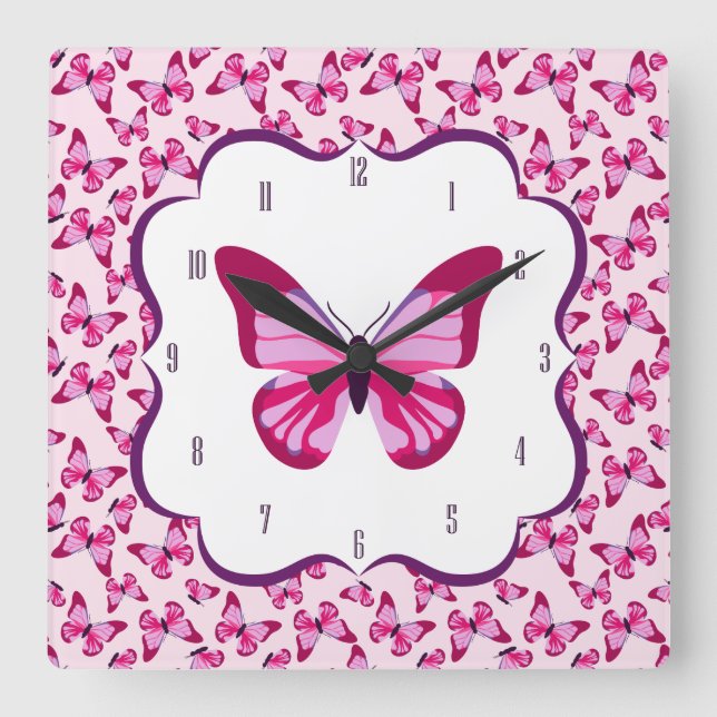 Butterfly Mönster Söt Rosa Lila  Fyrkantig Klocka (Framsida)
