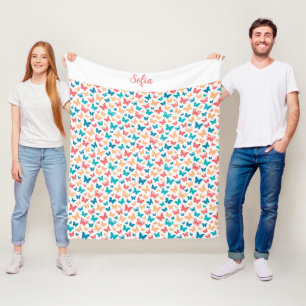 Butterfly-mönster-turkos lila vit namn fleecefilt