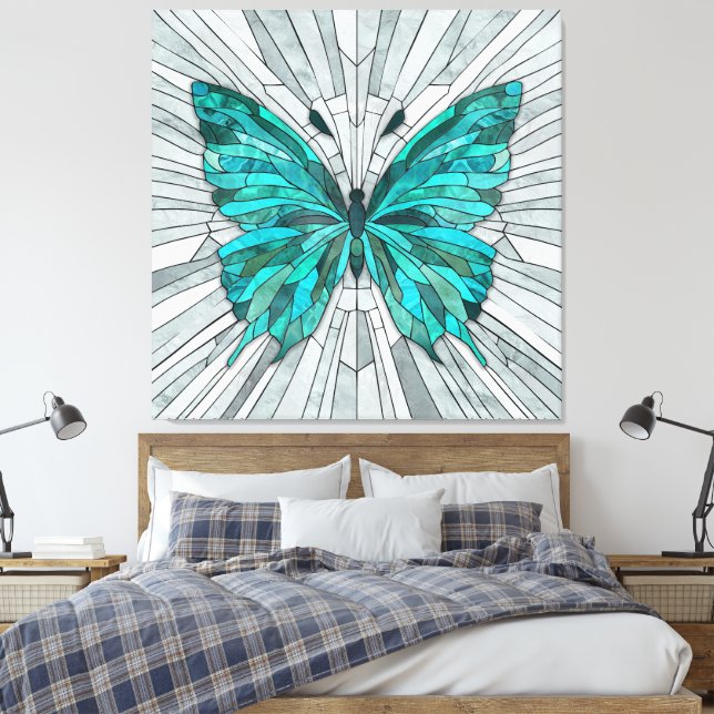 Butterfly Mosaic-Emerald Grönt och Grått Canvastryck (Insitu (sovrum))