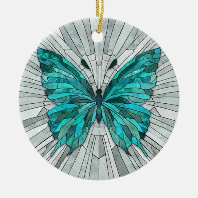 Butterfly Mosaic-Emerald Grönt och Grått Julgransprydnad Keramik (Framsidan)