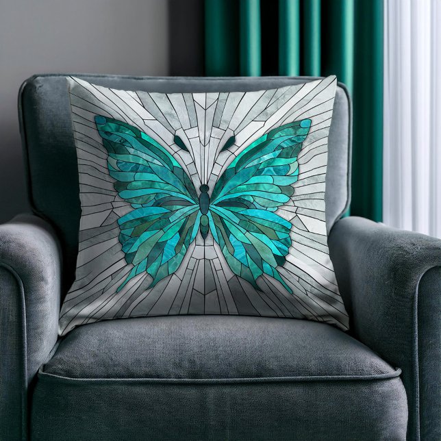 Butterfly Mosaic-Emerald Grönt och Grått Kudde (Skapare uppladdad)