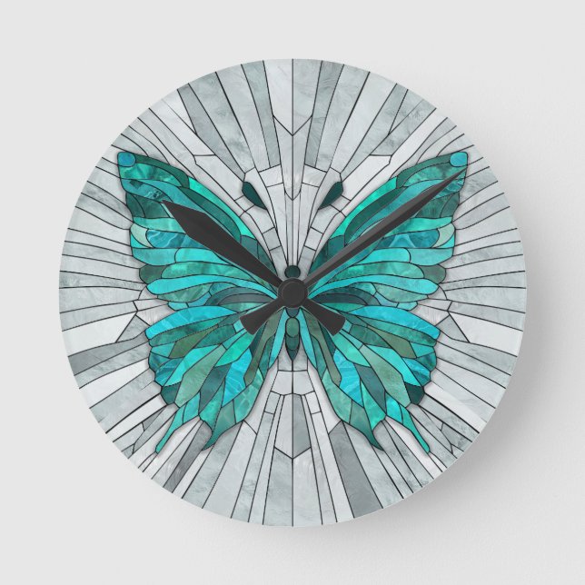 Butterfly Mosaic-Emerald Grönt och Grått Rund Klocka (Framsida)