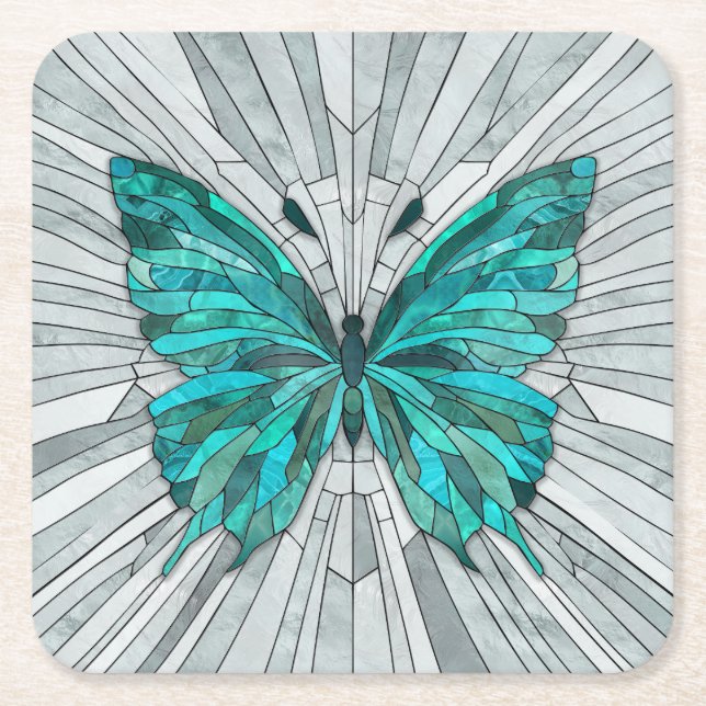 Butterfly Mosaic-Emerald Grönt och Grått Underlägg Papper Kvadrat (Framsidan)