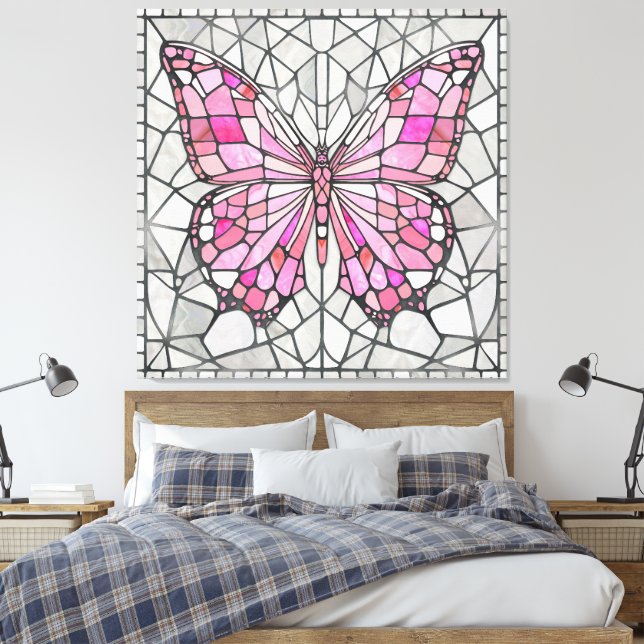 Butterfly Mosaic - Fairy Tale Rosa and grått Canvastryck (Insitu (sovrum))