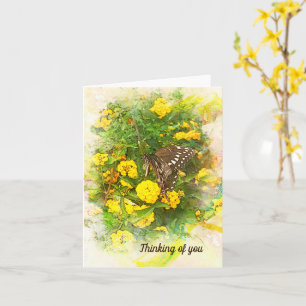 Butterfly mot gula blommor tänker på dig kort