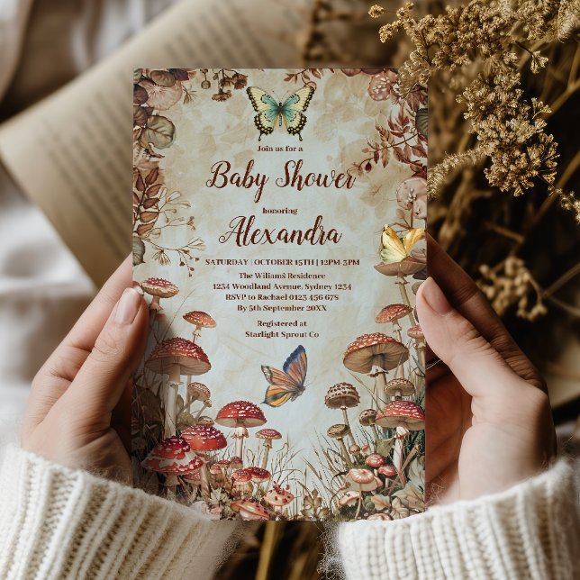 Butterfly Mushroom Woodland Natature Baby Shower Inbjudningar (Skapare uppladdad)