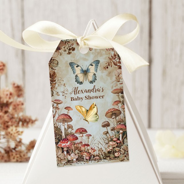 Butterfly Mushroom Woodland Natature Baby Shower Presentetikett (Skapare uppladdad)