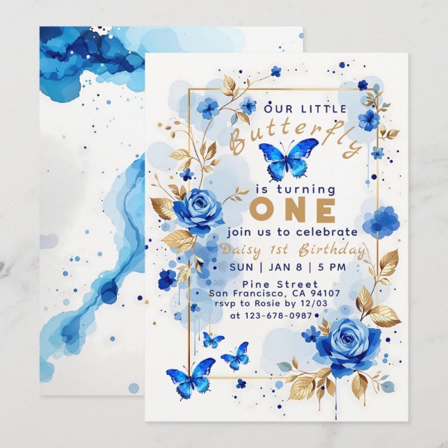 Butterfly och Blue ro blommigt, modern födelsedag Inbjudningar (Fram/baksida)