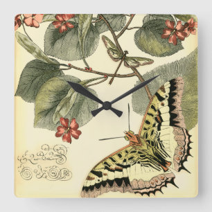 Butterfly och Dragonfly med röda blommor Fyrkantig Klocka