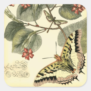 Butterfly och Dragonfly med Röda blommor Fyrkantigt Klistermärke