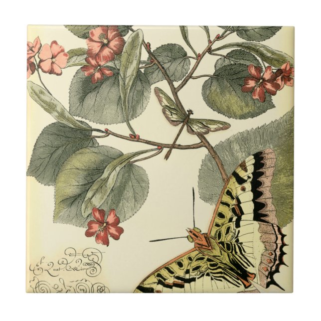 Butterfly och Dragonfly med Röda blommor Kakelplatta (Framsidan)