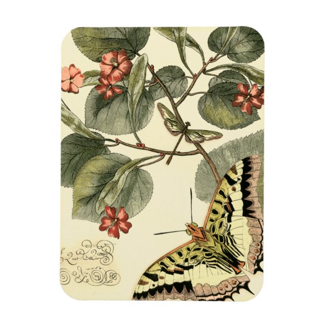 Butterfly och Dragonfly med Röda blommor Magnet (Vertikal)