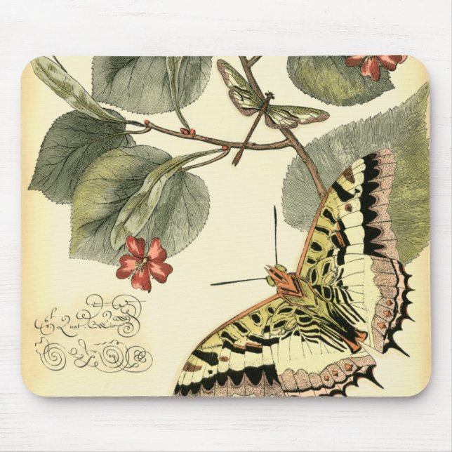Butterfly och Dragonfly med Röda blommor Musmatta (Framsidan)